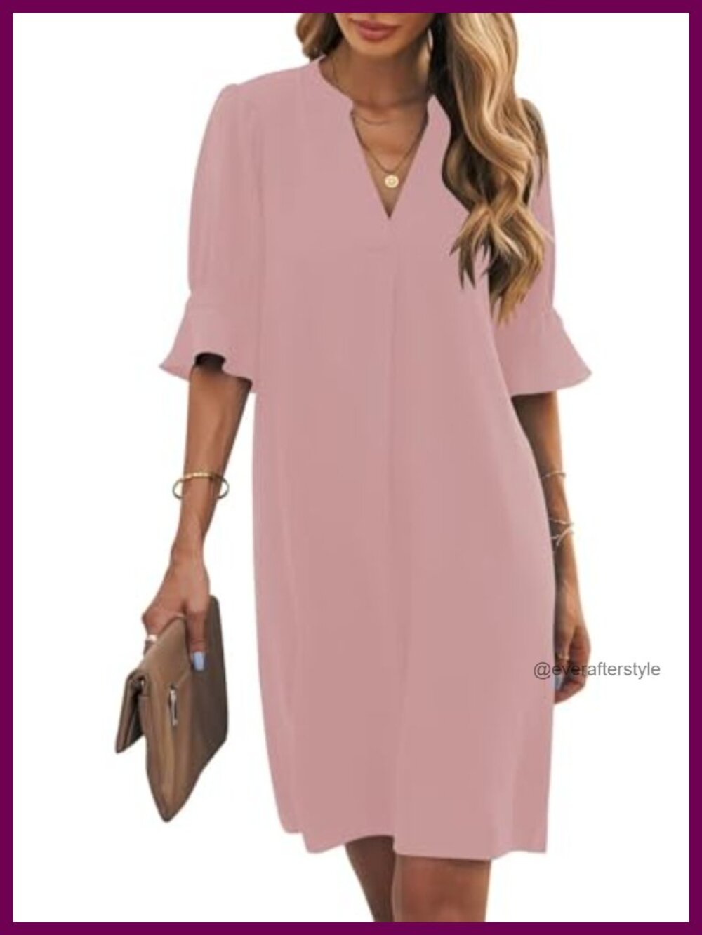 Womens Ruffled V Neck Short Sleeve Shift Dress Polyester Knee Length